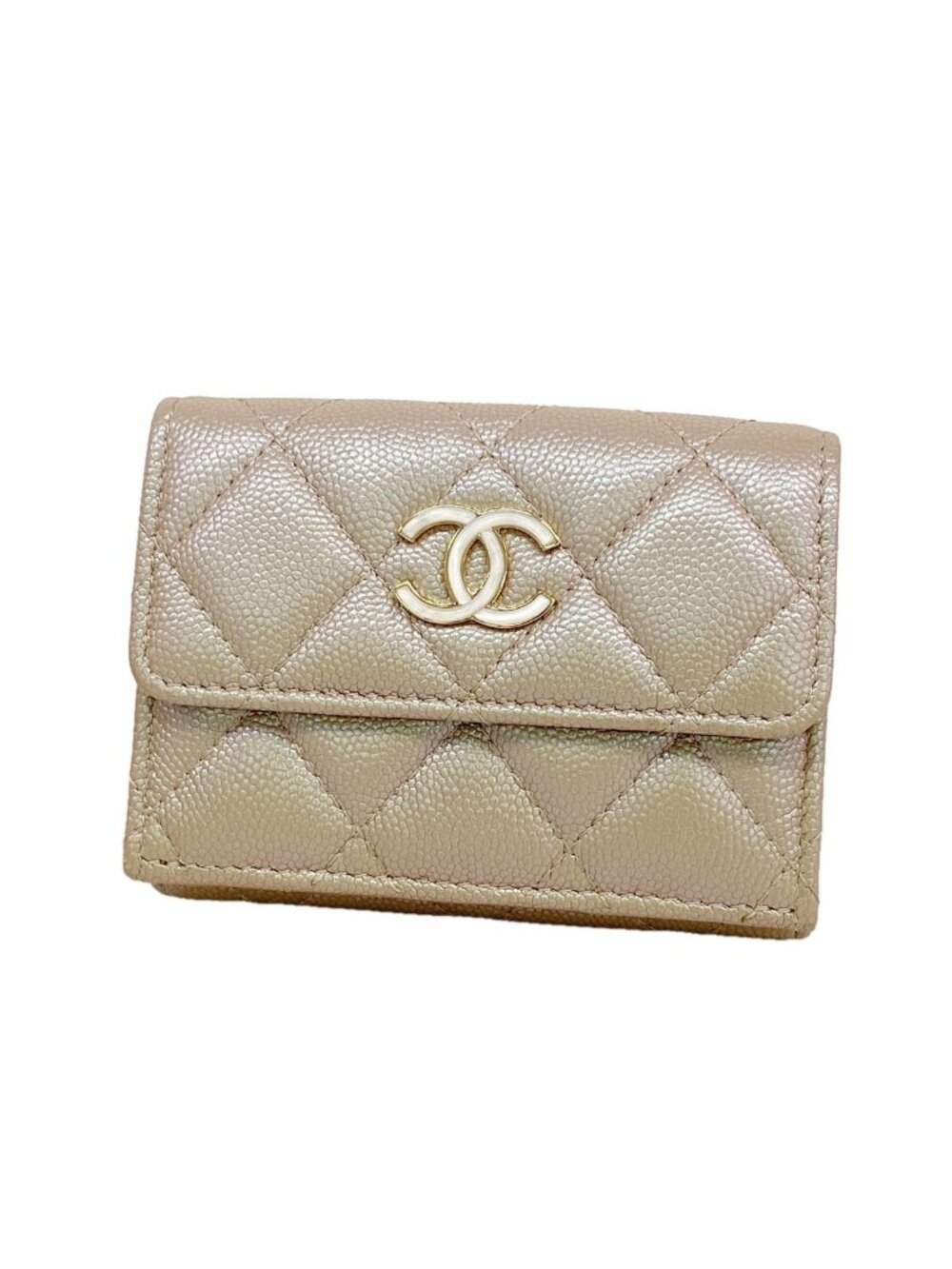 Chanel Trifold Wallet Caviar Leather Metallic Pink Champagne Gold